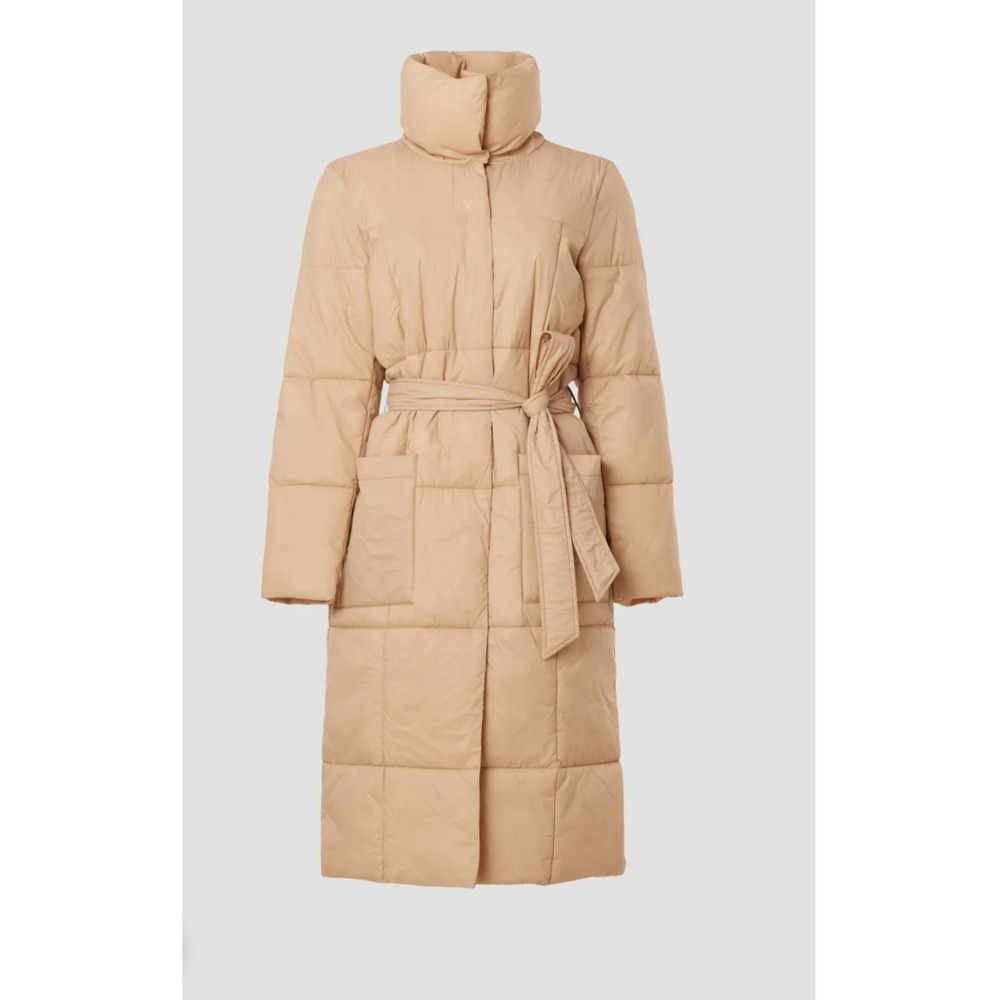 Ellen Tracy Tan Quilted Longline Puffer Coat Belted Funnel Neck Size M